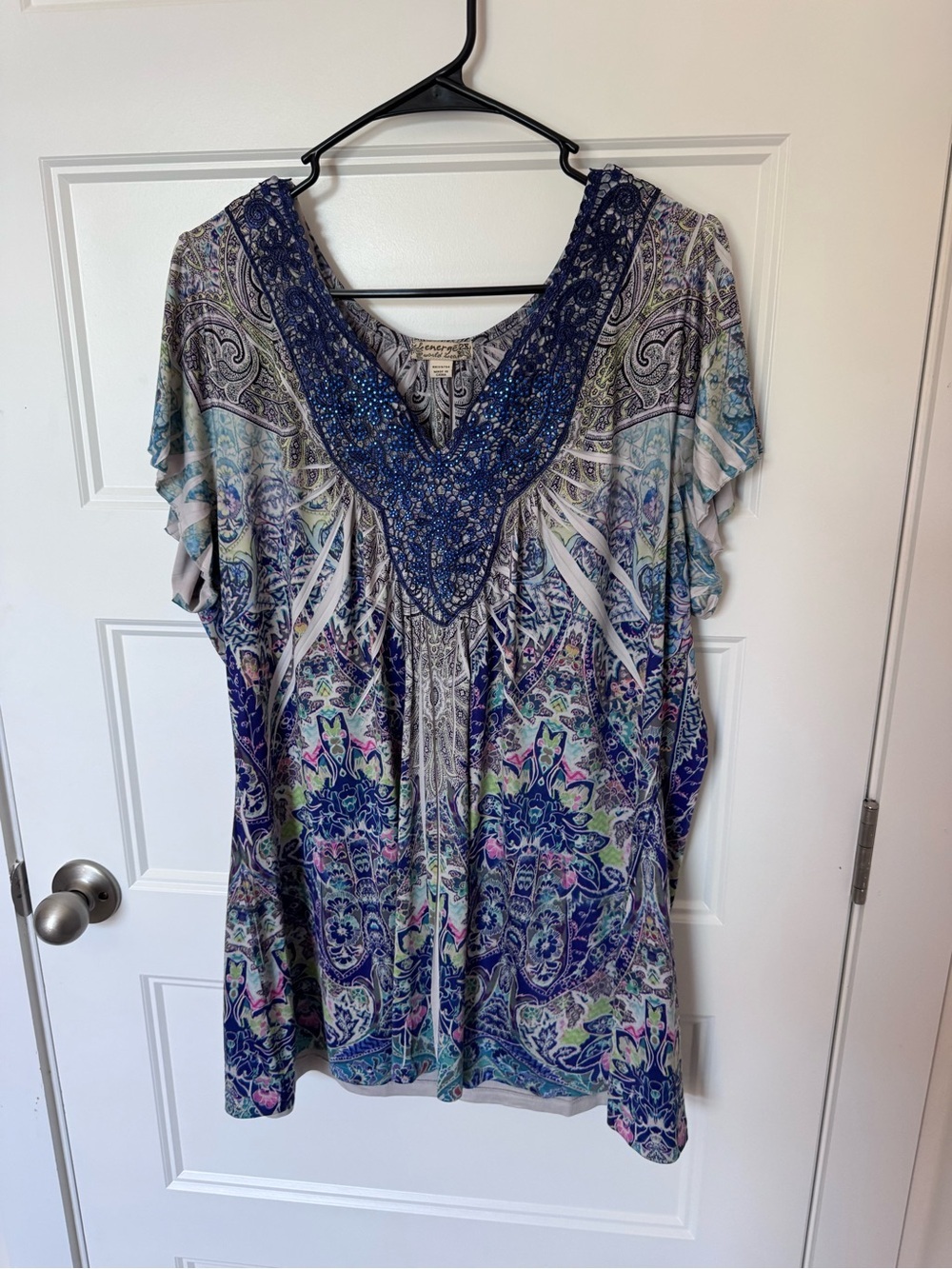 Energe Bohemian y2k paisley V-Neck Floral Print Women’s Top in Blue